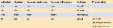 A grid showing pronouns